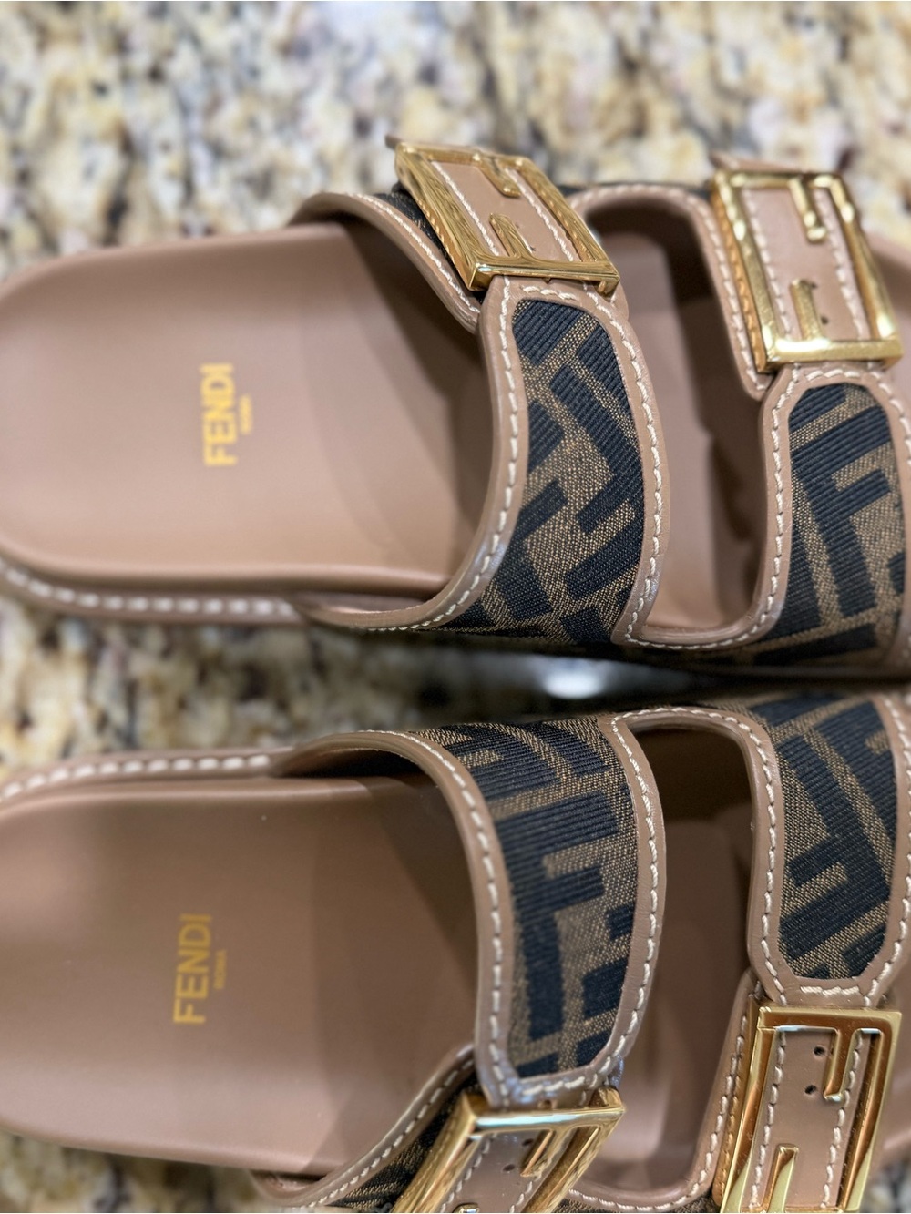 Fendi Brown Tan FF Logo Double-Strap Slides with Gold Buckles